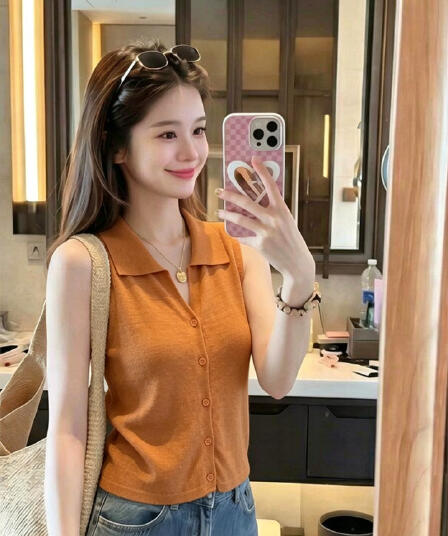 도파민 POLO 칼라 주황색 니트 작은 슬링 조끼 여성 여름 2026 새로운 아름다운 인사이드 가져 가라. 민소매 맨위