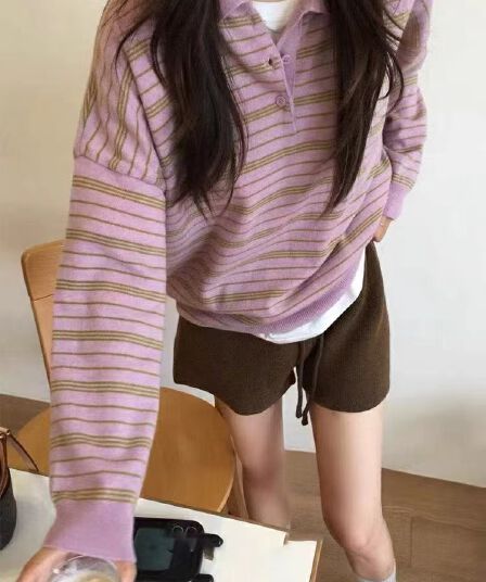 unum 한국 구매 2026 봄 가을 새로운 레트로 스트라이프 긴팔 POLO 칼라 니트 스웨터 여성 한 부서 스웨터