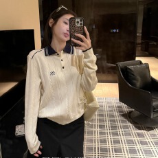批发宁司 撞色polo领绞花长袖针织衫女秋季韩系宽松显瘦休闲百搭上衣
