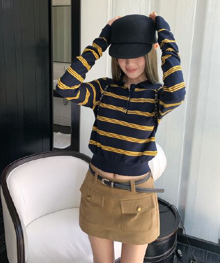 hhyii miu 새 미스 POLO 칼라 스트라이프 니트 스웨터 여성 가을 디자인 센스 루즈핏 캐주얼 쇼트 스타일 맨위