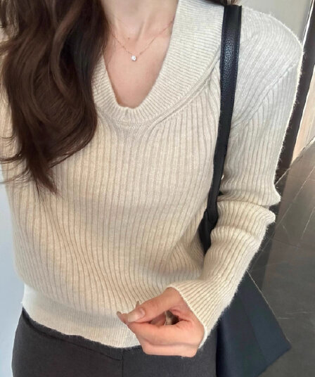 아메리칸 레트로 살구 색상 V넥 긴팔 미니멀리즘 스웨터 여자 가을 겨울 고급 센스 슬림해 보이는 인사이드 가져 가라. 만나는 니트 맨위