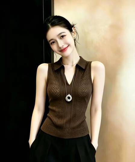 폴로 칼라 몸매 가꾸기 커피 색상 태국 아름다운 한 부서 캐미솔 여성 의류 2026 여름 여름 착용 가져 가라. 홀로우 아웃 맨위