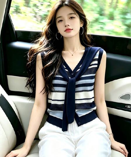 고급 빛 럭셔리 센스 외출용 배색 스트라이프 레이스업 옷 여성 2026 년 여름 섹션 카드 홀로우 아웃 니트 조끼 슬립
