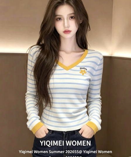 학원 스타일 블루 화이트 스트라이프 V넥 자수 긴팔 니트 스웨터 이른 가을 디자인 센스 배색 그레이트 봐라. 만나는 맨위