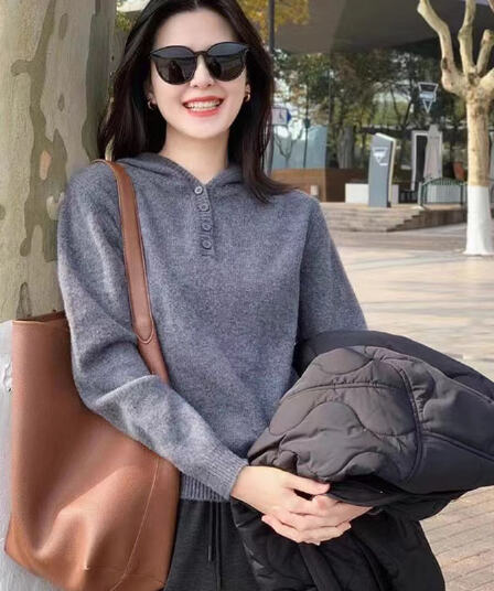 회색 후드 풀오버 니트 스웨터 여성 봄 가을 패션 외국 가스 연령 감소 다용도 스웨터 느긋한 부드러운 찹쌀 두꺼운 맨위