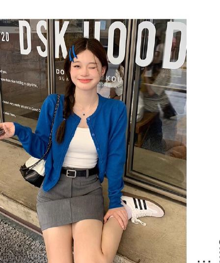 송 긍정적 인 En 한 부서 부드러운 바람 파란색 니트 오픈 가디건 여성 코트 가을 스웨터 외부 가져 가라. Chic 고급 센스 맨위