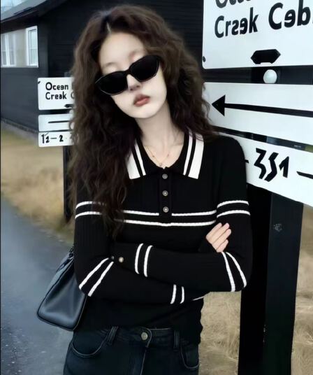 POLO 칼라 니트 스웨터 여성 새로운 가을 겨울 인사이드 잡아라. 의류 학원 스타일 아름다움 라드. 배색 몸매 가꾸기 스트라이프 기본 셔츠