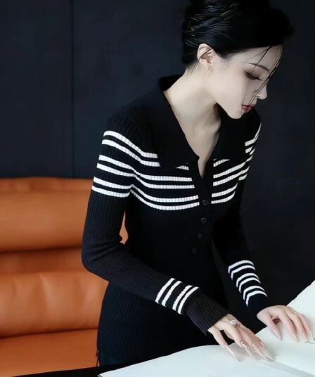 한 부서 chic 슬림해 보이는 몸매 가꾸기 스트라이프 V넥 긴팔 니트 스웨터 여성 의류 새로운 조기 가을 배색 기본 셔츠 트렌디