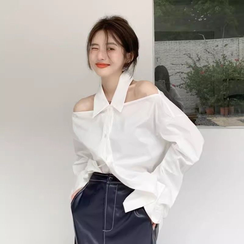 FA35902# 一字肩挂脖长袖衬衫女装春秋季新款法式设计感小众白色上衣服 服裝批發女裝批發服飾貨源