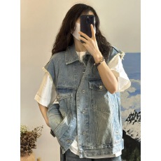 批发美式复古毛边做旧牛仔马甲外套女新款<b class='q'>街头</b>潮牌宽松工装夹克外穿潮
