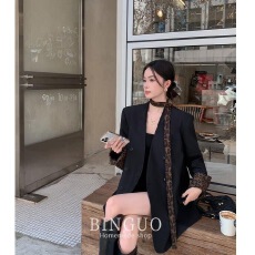 批发豹纹飘带翻边袖无领黑色西装2025女春季高级感宽松洋气休闲外套