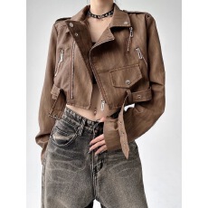 批发美式复古酷飒风皮衣外套女春秋<b class='q'>街头</b>时尚流行小个子宽松短款皮夹克