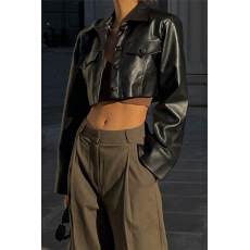 批发<b class='q'>街头</b>复古翻领双口袋排扣短款皮衣外套女早秋高级感机车夹克上衣潮