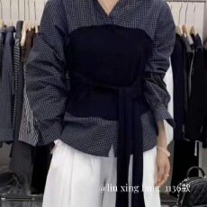 批发2025秋季新款<b class='q'>设计</b>翻领拼接收腰假两件长袖格子衬衫拉链绑带两穿