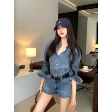 批发复古蓝色长袖<b class='q'>牛仔</b>衬衫外套女秋季穿搭套装休闲裤子直筒<b class='q'>短裤</b>两件套
