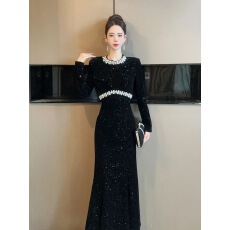 批发<b class='q'>欧洲站</b>黑色<b class='q'>连衣裙</b>女秋季重工镶钻宴会礼服轻奢高级感修身鱼尾长裙