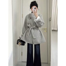 批发轻熟风时尚系带单排扣长袖<b class='q'>中长款</b>毛呢外套秋冬季休闲百搭显瘦上衣