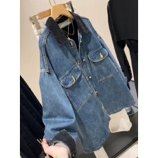 批发韩版复古蓝色工装牛仔外套女秋季2025新款<b class='q'>设计</b>感中长款夹克上衣潮