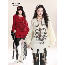 美式爱心印花破洞V领设计感小众套头宽松休闲毛衣秋冬