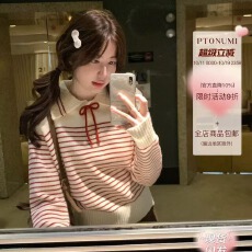 PtonUmi 条纹美学 翻领条纹蝴蝶结绑带毛衣女秋冬套头长袖针织衫