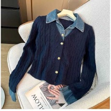 批发蓝色翻领牛仔拼接<b class='q'>假两件</b>长袖<b class='q'>针织衫</b>女秋季学院风气质百搭短款上衣
