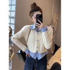 批发条纹新款拼接衬衫小个子毛衣POLO设计两件学院风百搭针织外套上衣