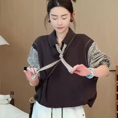 批发设计感小众拼接格子长袖<b class='q'>衬衫</b>2025宽松新款时尚百搭气质上衣卫衣