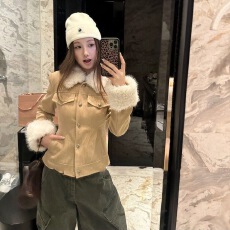 批发复古拼毛修身收腰夹克棉服外套2025年<b class='q'>秋</b>冬开学穿搭新款保暖上衣潮