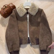 批发美拉德复古加绒加厚皮毛一体<b class='q'>短款</b>外套女冬季新款小个子毛毛上衣女