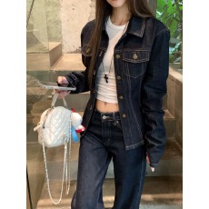 批发美式复古蓝色牛仔外套女2025新款<b class='q'>秋</b>季休闲翻领小个子短款夹克上衣