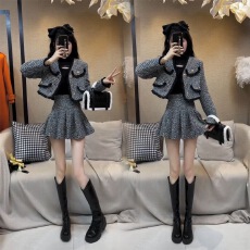 批发网红气质时尚套装女春秋新款小香风西服短款外套半身百褶裙两件套
