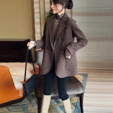 批发主慕千鸟格双面呢毛呢外套女气质西装宽松潮秋冬装2025新款欧洲站