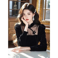 批发新中式盘扣泡泡袖衬衫女秋装2024新款高级感气质网纱拼接丝绒上衣