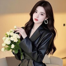 批发高级感减龄洋气黑色收腰皮衣女2025<b class='q'>春</b>季小个子洋气冷淡系短款外套