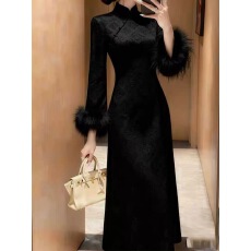 批发高级黑新中式旗袍<b class='q'>敬酒</b><b class='q'>服</b>加绒加厚订婚结<b class='q'>婚礼</b><b class='q'>服</b>裙女高级感回门<b class='q'>婚礼</b>