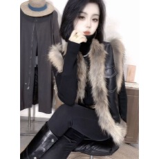 批发2025秋冬网红新款时尚皮毛一体马甲女韩系<b class='q'>设计</b>感拼接显瘦皮U马夹