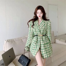 批发绿格纹西装外套<b class='q'>女</b>2025春秋冬新款气质复古中长款休闲<b class='q'>西服</b>上衣ins