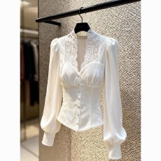批发高端小资小上衣巨好看高级感气质御姐掐腰<b class='q'>蕾丝</b>拼接白色丝绒<b class='q'>衬衫</b>冬