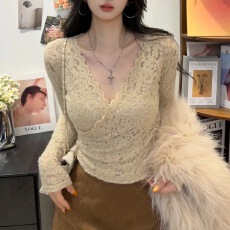 批发长袖蕾丝<b class='q'>T</b><b class='q'>恤</b>秋季2025修身加绒加厚收腰新款辣妹显瘦短款打底上衣