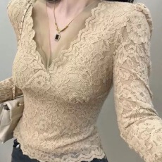 批发加绒蕾丝长袖衬衫<b class='q'>女</b>2025秋冬新款百搭保暖V领拼接网纱打底衫上衣