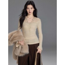 批发纯欲韩系辣妹风蕾丝V领修身叠穿2025女秋<b class='q'>冬</b>季长袖内搭精致上衣潮