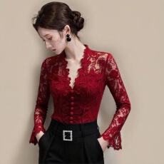 批发红色蕾丝收腰内搭衬衫轻奢高级感时尚洋气V领上衣2025<b class='q'>新款</b>春秋女