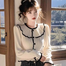 批发2025法式高级感洋气设计感<b class='q'>长袖</b><b class='q'>衬衫</b>女春秋百搭荷叶边独特漂亮上衣