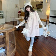 批发秋冬季可爱套装女粉色毛呢背带<b class='q'>连衣裙</b>高领针织<b class='q'>波点</b>打底小衫两件套