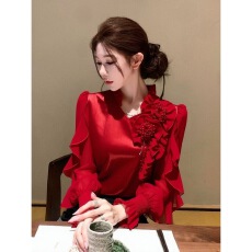 批发冬季高级感轻奢减龄洋气独特设计圣诞新年穿搭红色立体花<b class='q'>衬衫</b>上衣