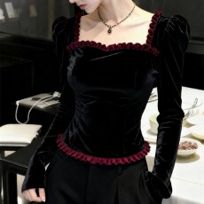 批发2025独特超好看黑色方领花边丝绒<b class='q'>衬衫</b>女法式高端名媛气质打底上衣