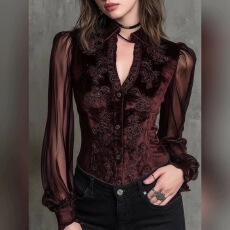 批发轻熟风御姐范高级感设计棕色<b class='q'>衬衫</b>秋季新款别致时髦洋气复古上衣女