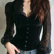 批发黑色丝绒拼接蕾丝上衣女秋季高端时髦洋气独特超好看法式小资<b class='q'>衬衫</b>