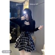 批发<b class='q'>大码</b>学院风蝴蝶结打底上衣女秋冬胖mm束腰格纹裙甜美气质显瘦套装