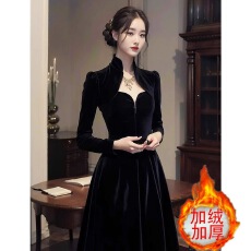 批发法式宫廷风黑色<b class='q'>丝绒</b><b class='q'>连衣裙</b>秋冬高级感宴会礼服气质配大衣内搭长裙